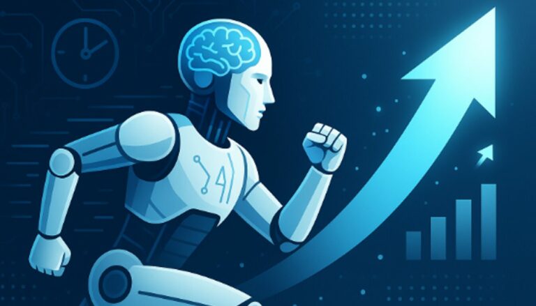 Robô humanoide correndo ao lado de uma seta crescente iluminada, simbolizando produtividade, inovação e agilidade da inteligência artificial em um fundo futurista azul com padrões de circuito e gráficos.