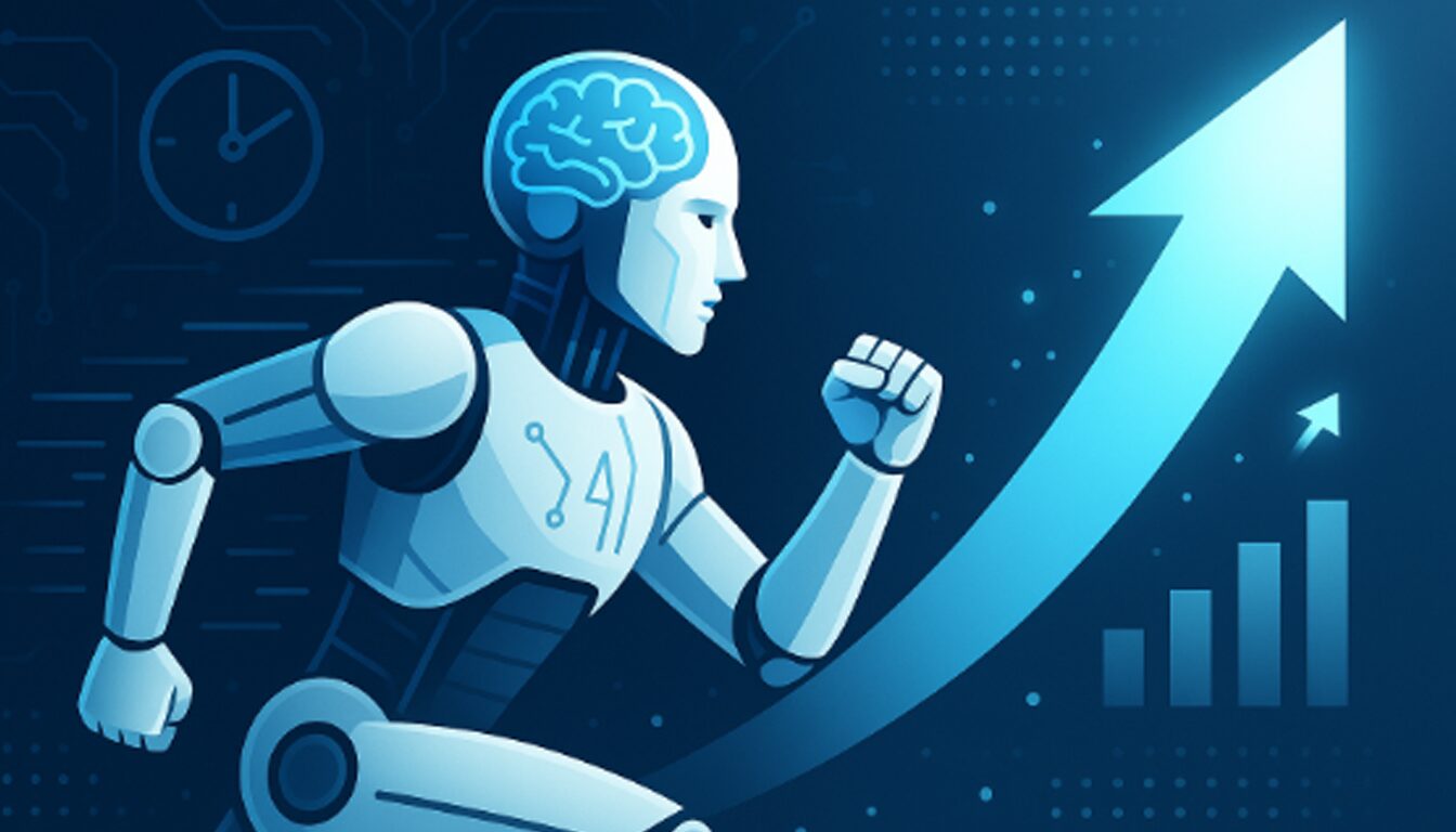 Robô humanoide correndo ao lado de uma seta crescente iluminada, simbolizando produtividade, inovação e agilidade da inteligência artificial em um fundo futurista azul com padrões de circuito e gráficos.